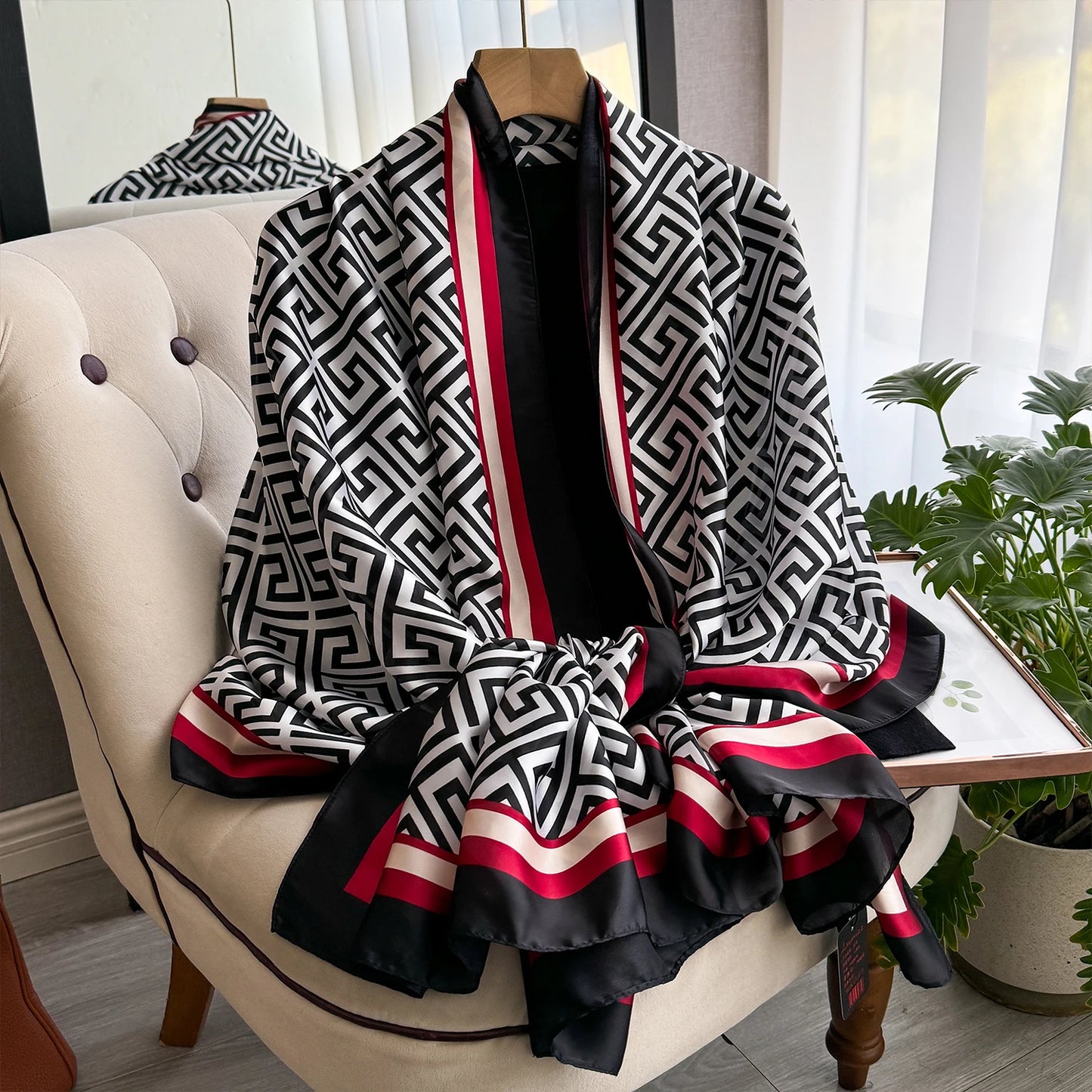 New Geometry Design Large Silk Soft Scarf Women Stylish Print Long Shawl Handkerchief Summer Sun protection Elegant Travel Wrap