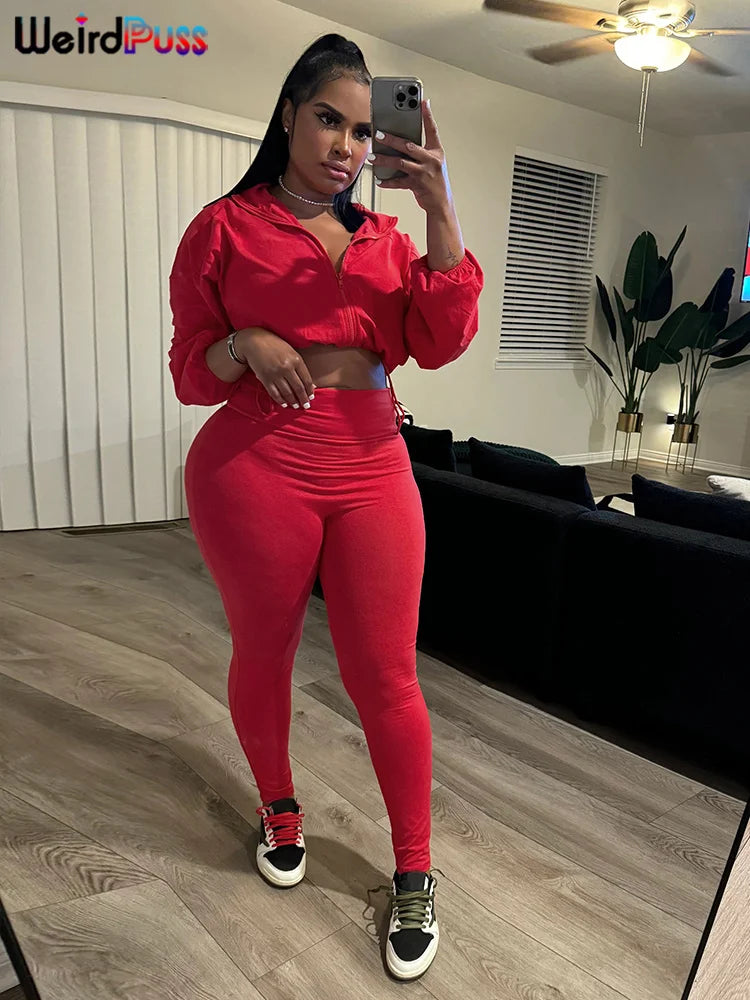 Weird Puss Women Tracksuit 2 Piece Set 2024 Autumn Casual Zip Thin Drawstring Jacket+Leggings Matching Streetwear Sporty Suit