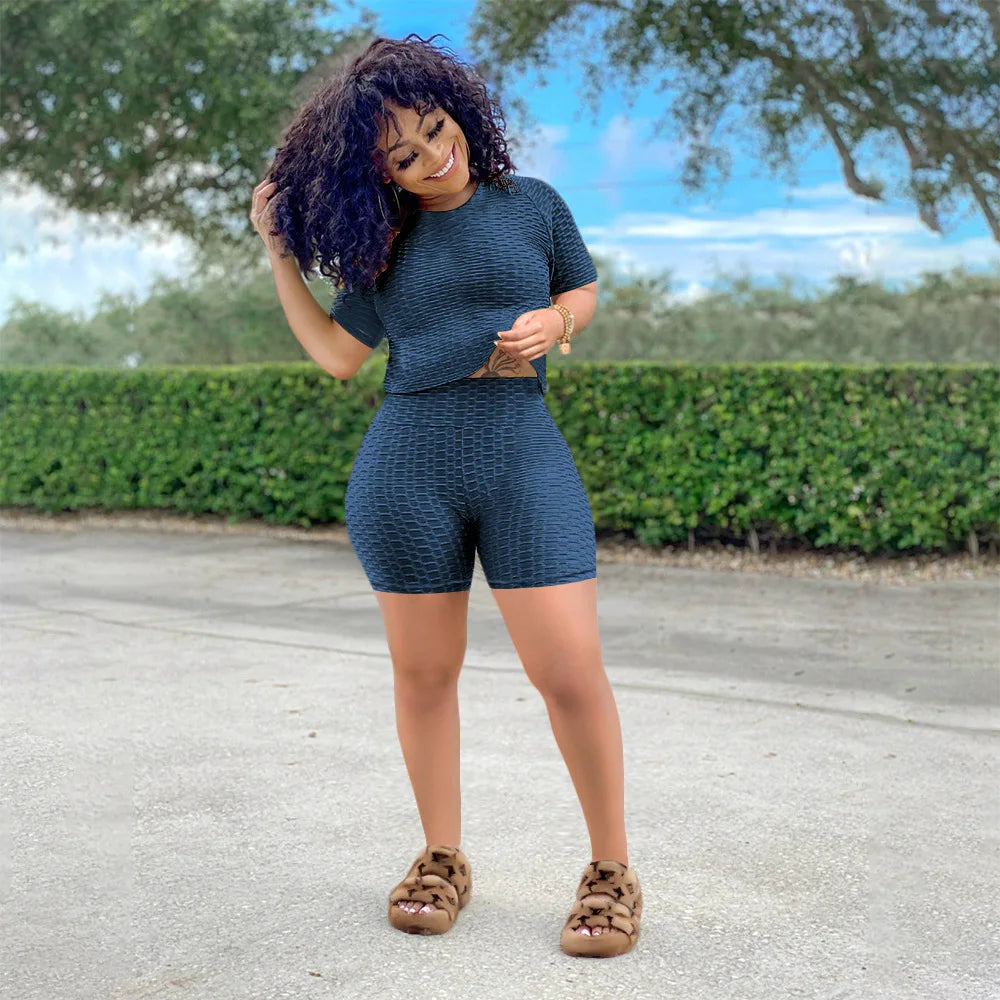 2024 New Summer Round-neck Solid Color Short-sleeved Two-piece Yoga Shorts Women's Sports Suit