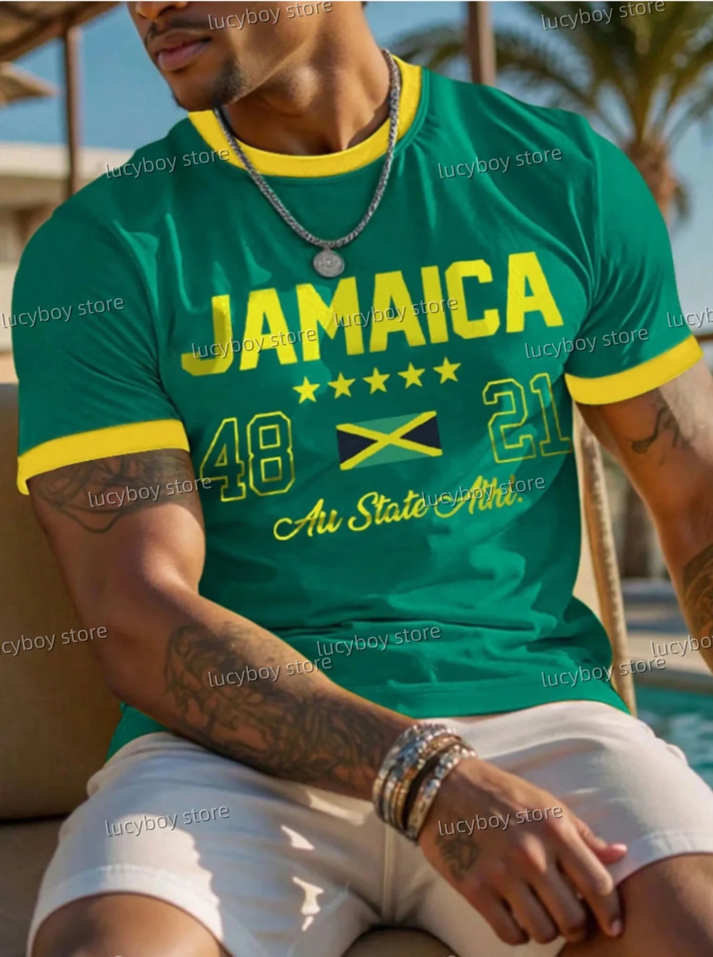 2025 men Men T-Shirt Man Short Sleeve Green Jamaica flag print PLUS SIZE T-Shirt sport lightweight  Jersey Tees Men Clothing