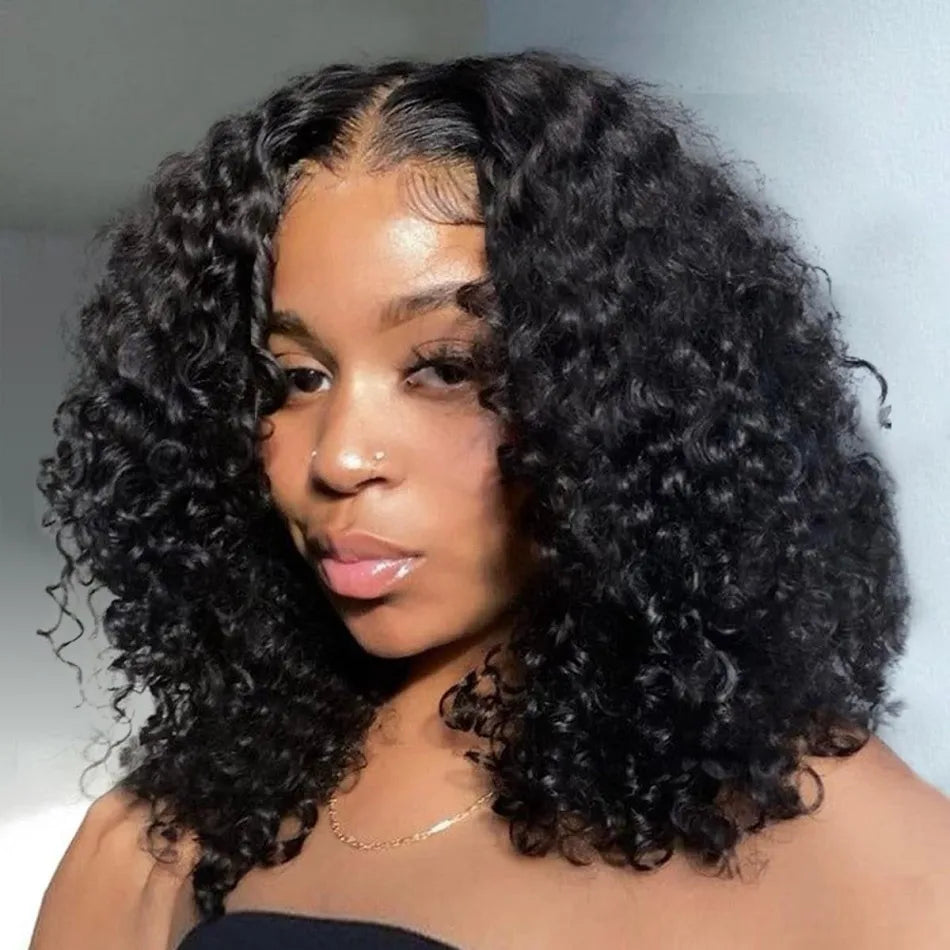 Deep Wave Lace Frontal Wigs 4x4 5x5 Glueless Wig Bob Wig Human Hair Pre Plucked HD Transparent Lace For Women Natural Black 16In