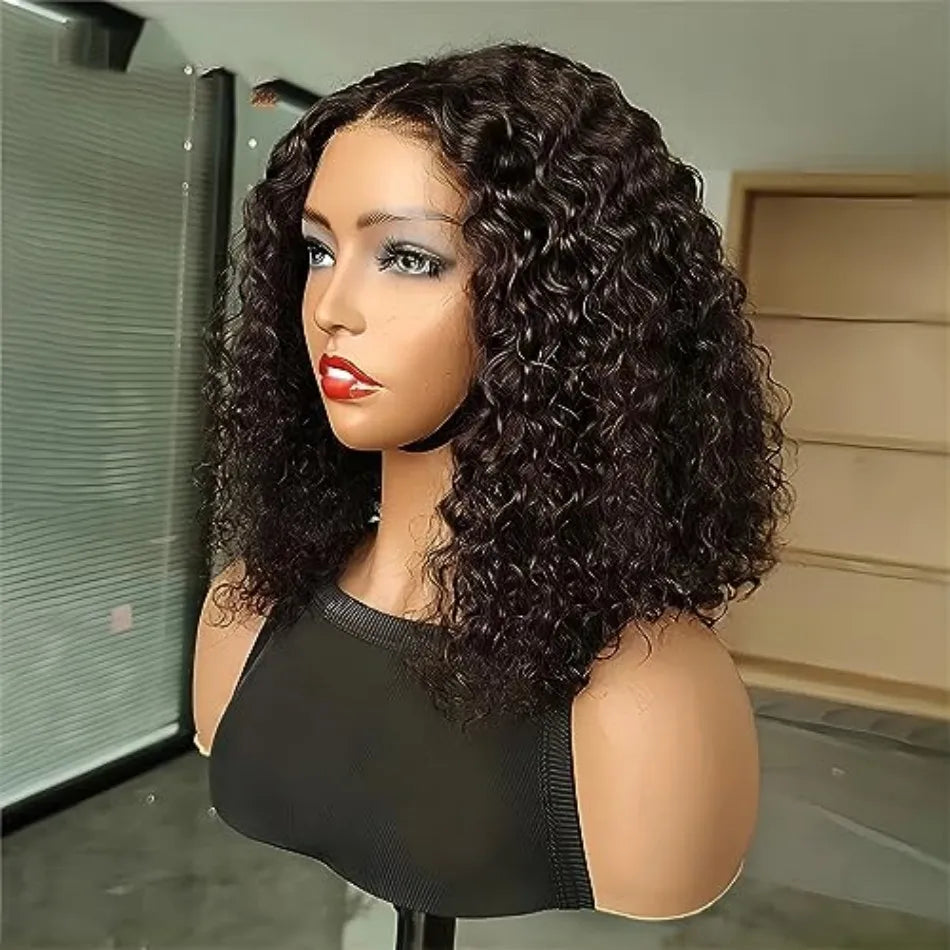 Deep Wave Lace Frontal Wigs 4x4 5x5 Glueless Wig Bob Wig Human Hair Pre Plucked HD Transparent Lace For Women Natural Black 16In