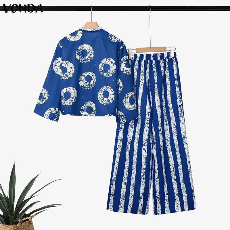 5XL VONDA Plus Size 2 Piece Outfits Autumn Women Bohemian 3/4 Sleeve Fashion Shirts Wide Leg Pants Print Vintage Pant Sets 2PCS