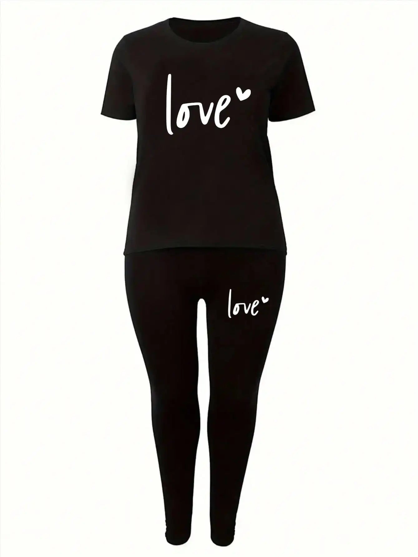 Spring and summer casual two-piece set, expressing love, round neck short sleeved T-shirt and pants set, women's clothing