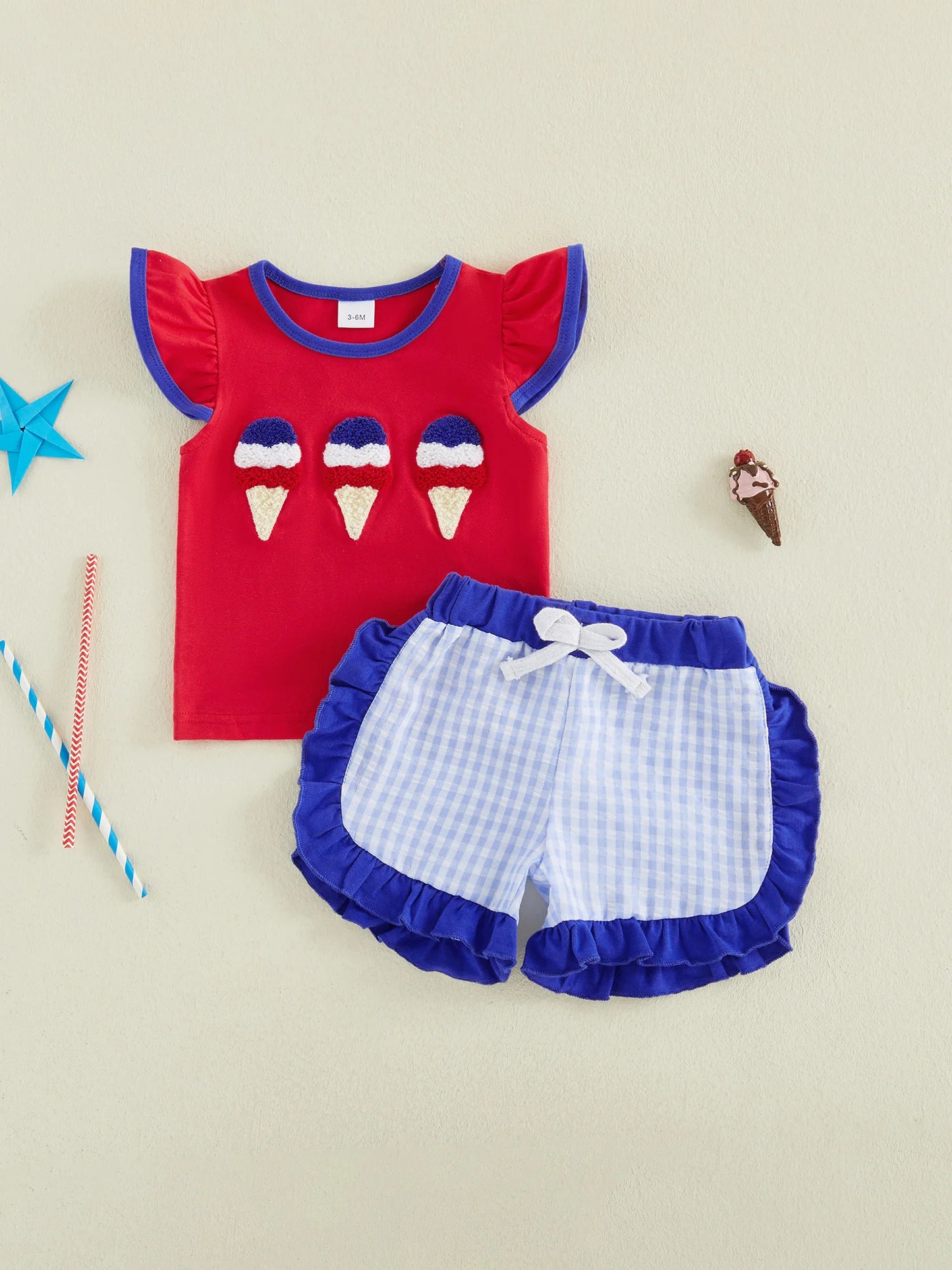Toddler Girl 4th of July Outfits Ruffle Sleeve American Flag Print Tops Denim Shorts Set Kids Independence Day Clothes