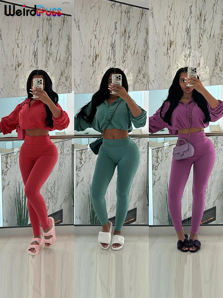 Weird Puss Women Tracksuit 2 Piece Set 2024 Autumn Casual Zip Thin Drawstring Jacket+Leggings Matching Streetwear Sporty Suit