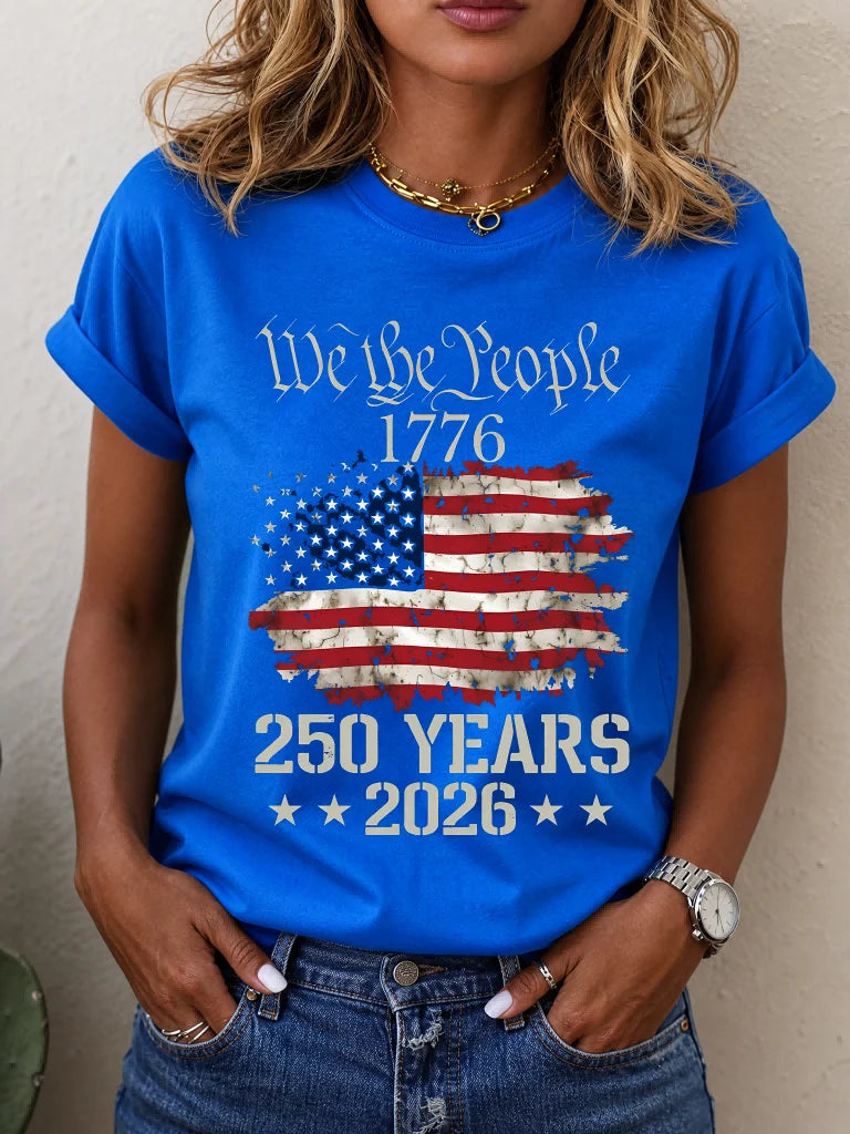 ilstile Women's We The People 1776 T-Shirt 250th Anniversary 1776-2026 American Flag Patriotic 4th of July Casual Tops