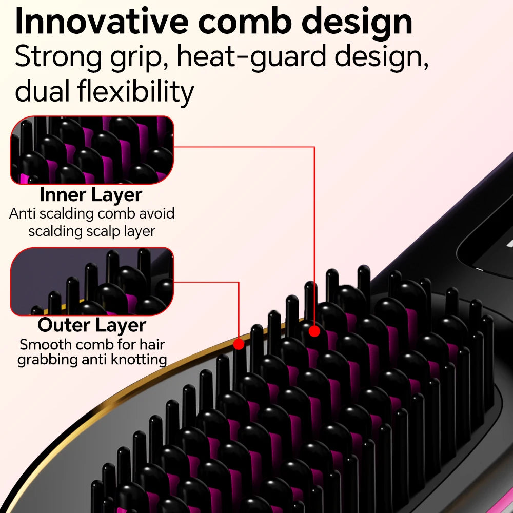 Hair Straightener Brush with 3 Temp Settings, Fast Heating & Auto-off, Portable Rechargeable Ionic Straightening Comb for Women