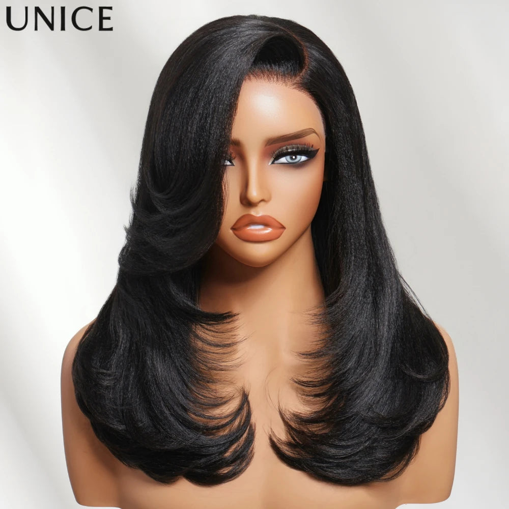 UNice Bye-Bye Knots™ 7x5 Lace Pre Layered Side Part Yaki Straight Wig Human Hair Glueless Wig Short Bob Wigs 150% Density