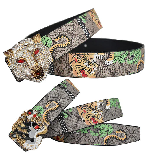 Western Tiger Print Leather Tiger Rhinestone Dragons Snake Alloy Buckle Jeans Causal Pants Men Belt