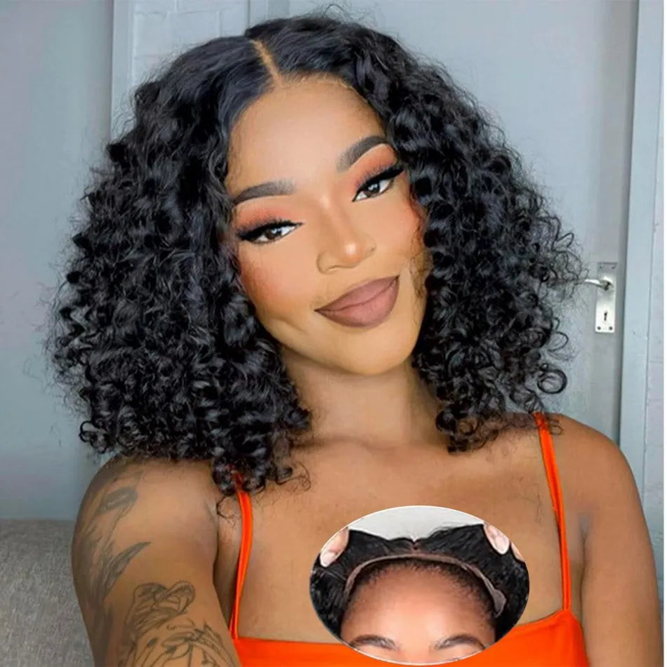 Deep Wave Lace Frontal Wigs 4x4 5x5 Glueless Wig Bob Wig Human Hair Pre Plucked HD Transparent Lace For Women Natural Black 16In
