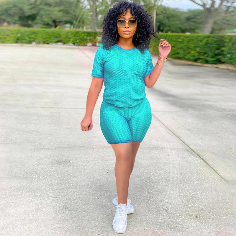 2024 New Summer Round-neck Solid Color Short-sleeved Two-piece Yoga Shorts Women's Sports Suit
