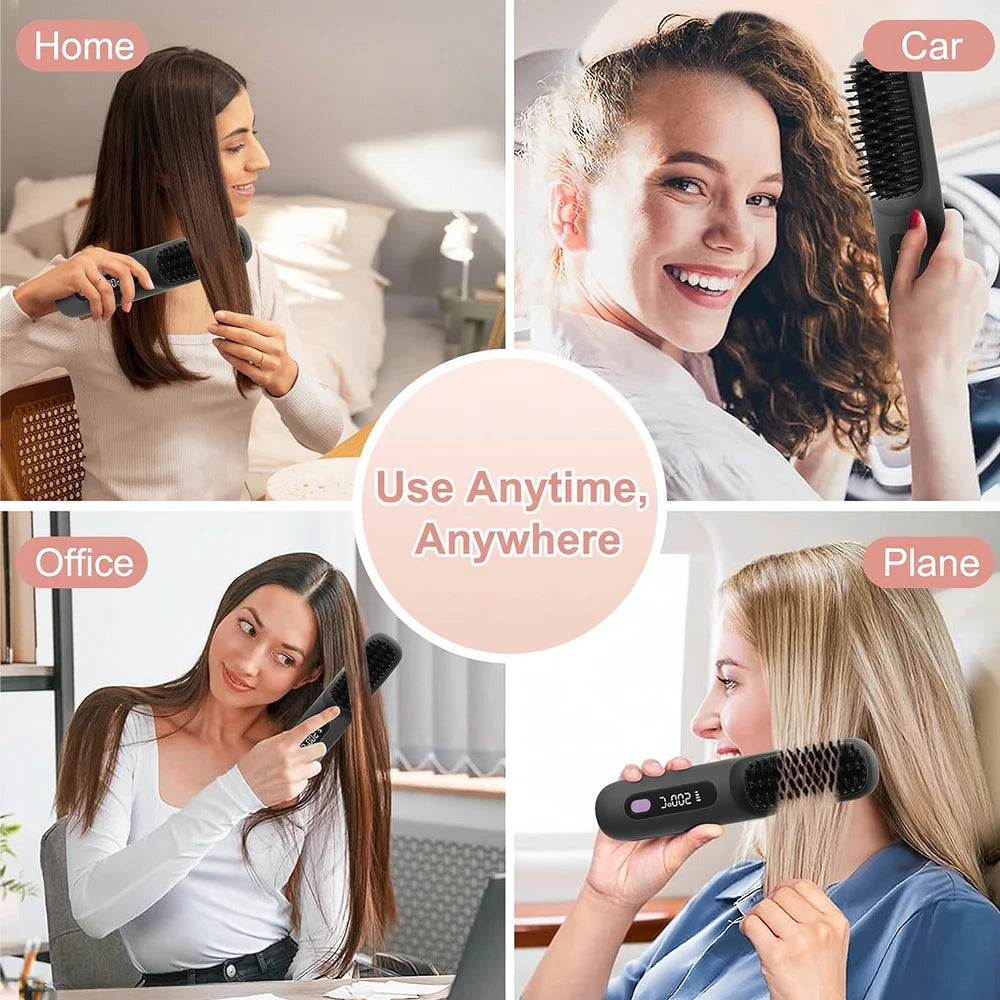 Hair Straightener Brush with 3 Temp Settings, Fast Heating & Auto-off, Portable Rechargeable Ionic Straightening Comb for Women
