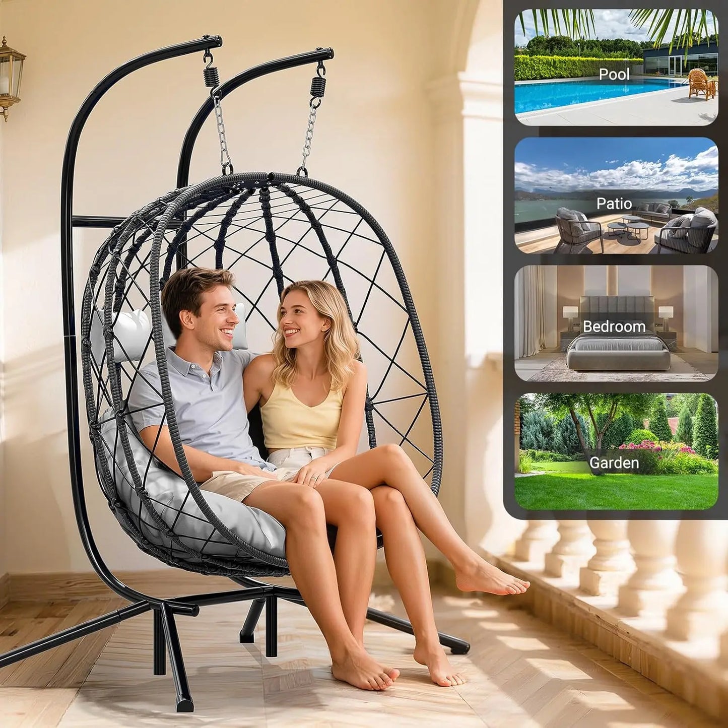 Double Egg Swing Chair with Stand - 2 Person Outdoor Patio Hanging Wicker Hammock Chair with Cushion, Customized