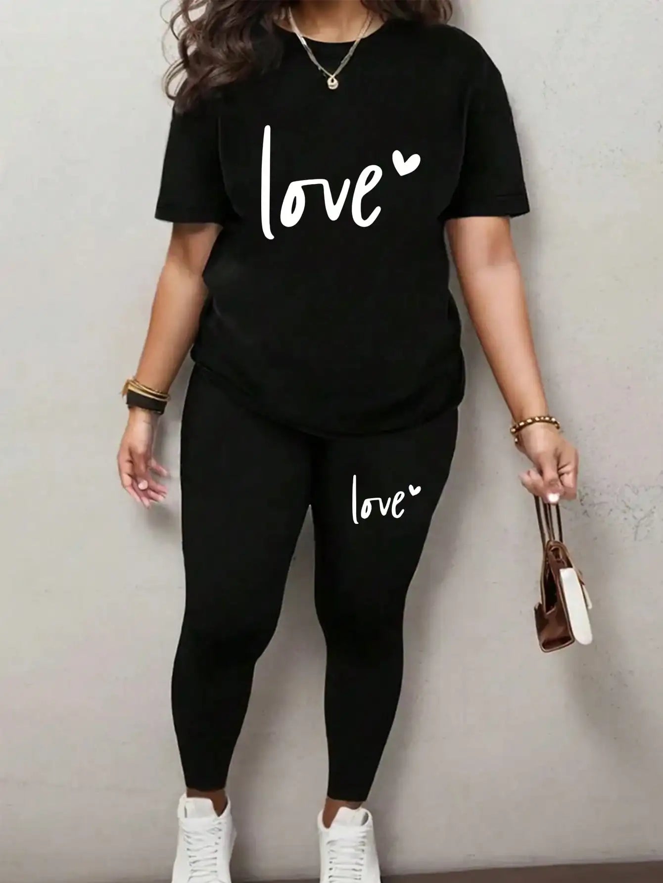 Spring and summer casual two-piece set, expressing love, round neck short sleeved T-shirt and pants set, women's clothing