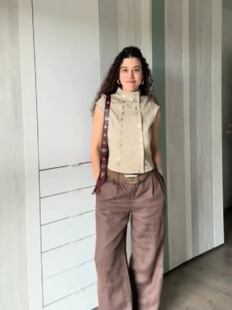 Two-Piece Set For Women Fashion High Neck Double Breasted Sleeveless Blouse Plaid Wide Leg Pants Suit Lady's Casual Outfit