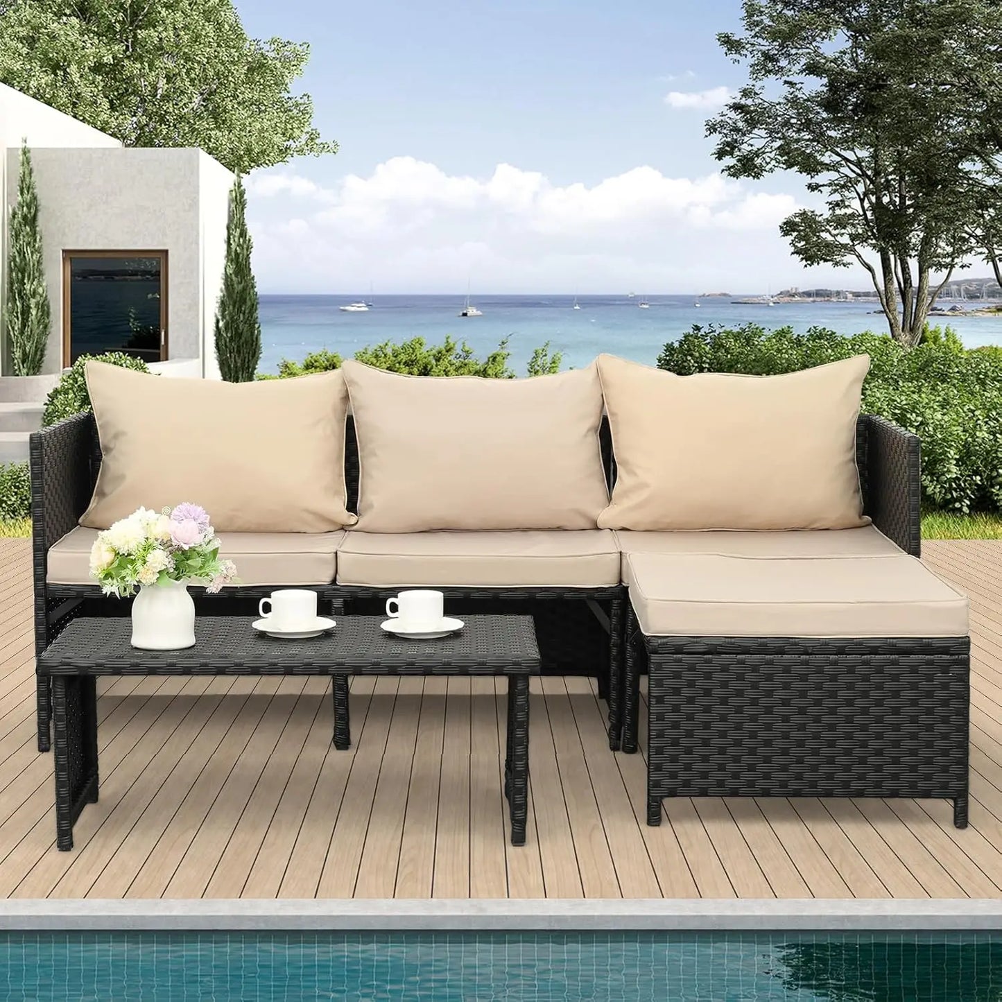 3-Piece Outdoor PE Rattan Furniture Set Patio Black Wicker Conversation Loveseat Sofa Sectional Couch Khaki Cushion, Customized