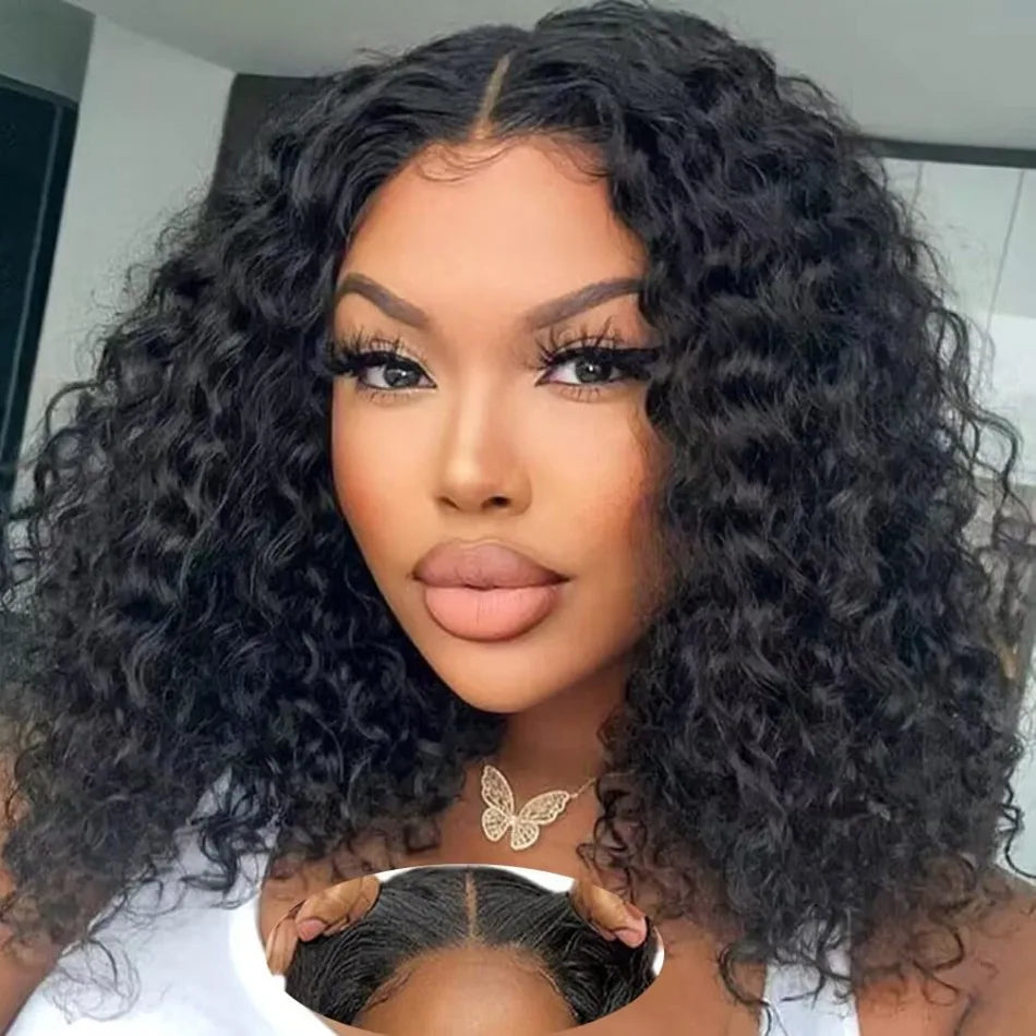 Deep Wave Lace Frontal Wigs 4x4 5x5 Glueless Wig Bob Wig Human Hair Pre Plucked HD Transparent Lace For Women Natural Black 16In