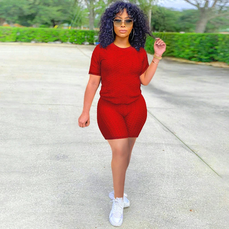 2024 New Summer Round-neck Solid Color Short-sleeved Two-piece Yoga Shorts Women's Sports Suit