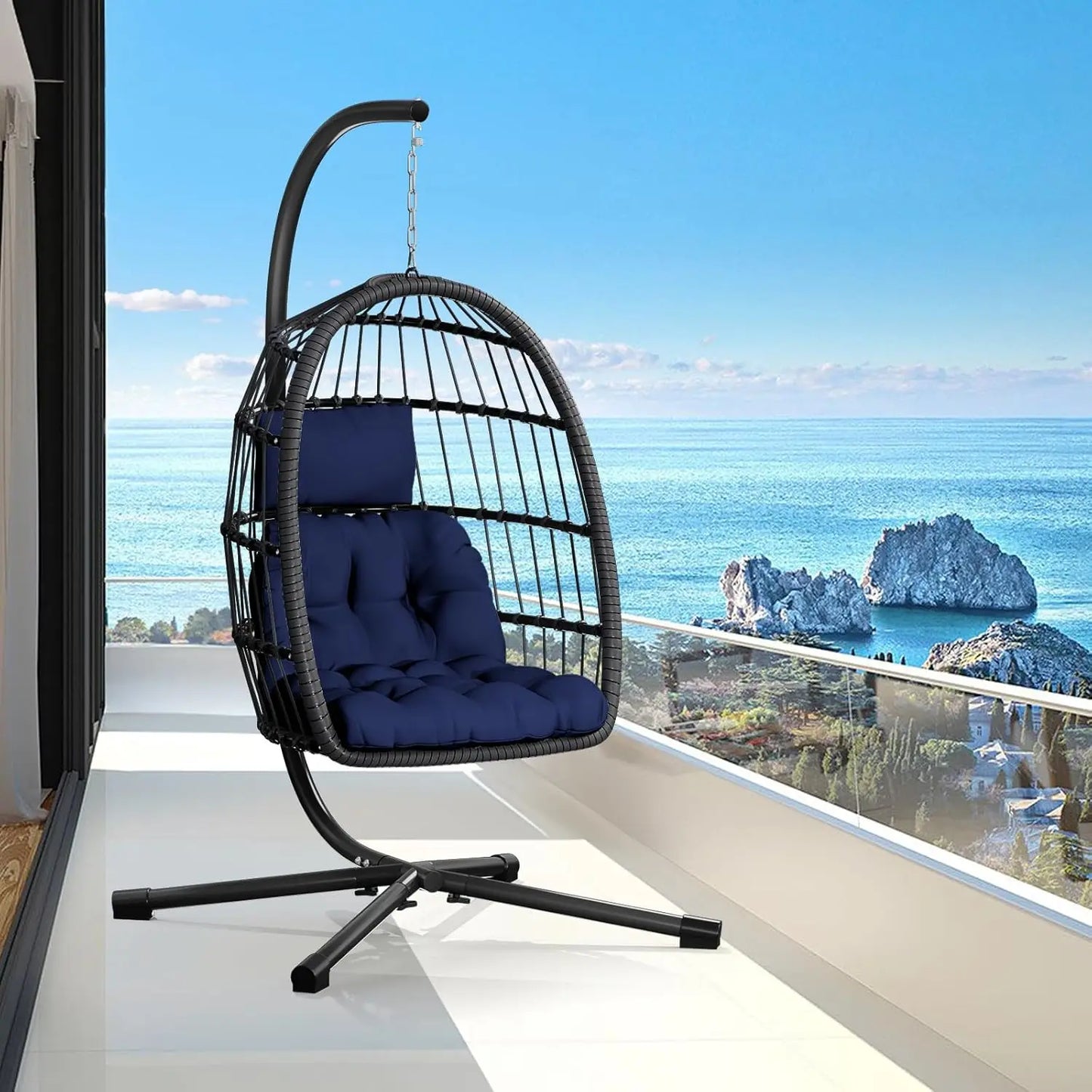 Double Egg Swing Chair with Stand - 2 Person Outdoor Patio Hanging Wicker Hammock Chair with Cushion, Customized
