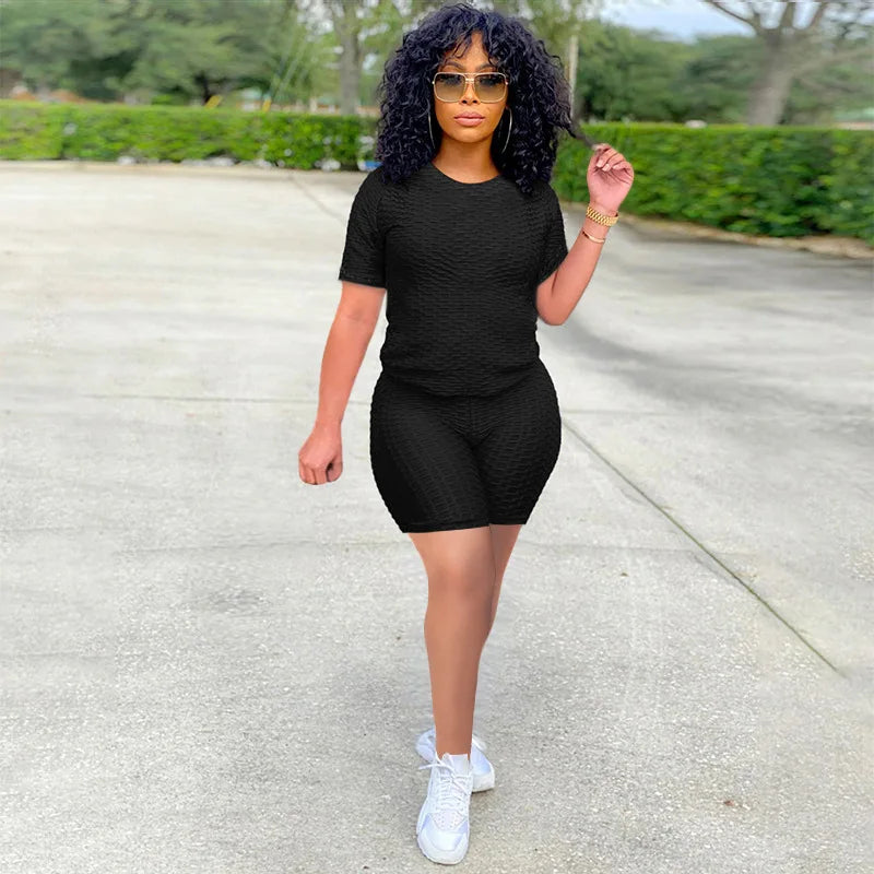 2024 New Summer Round-neck Solid Color Short-sleeved Two-piece Yoga Shorts Women's Sports Suit