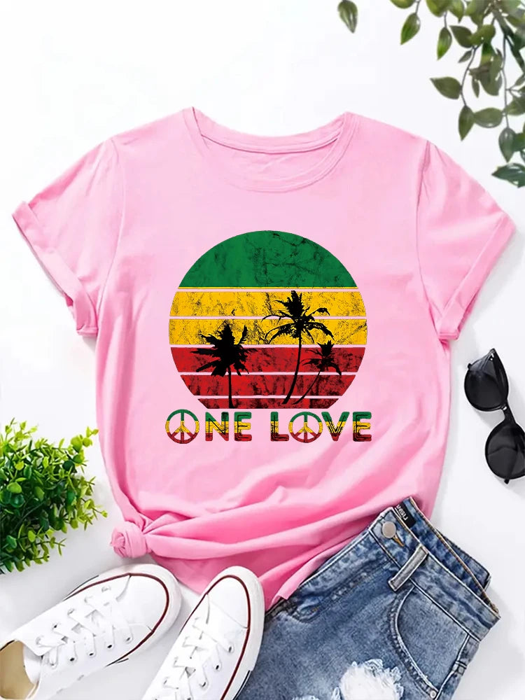 2024 New Rasta Reggae One Love Retro Vintage Sunset Jamaica Vacation T-shirt Women's Round Neck Short Sleeved Top
