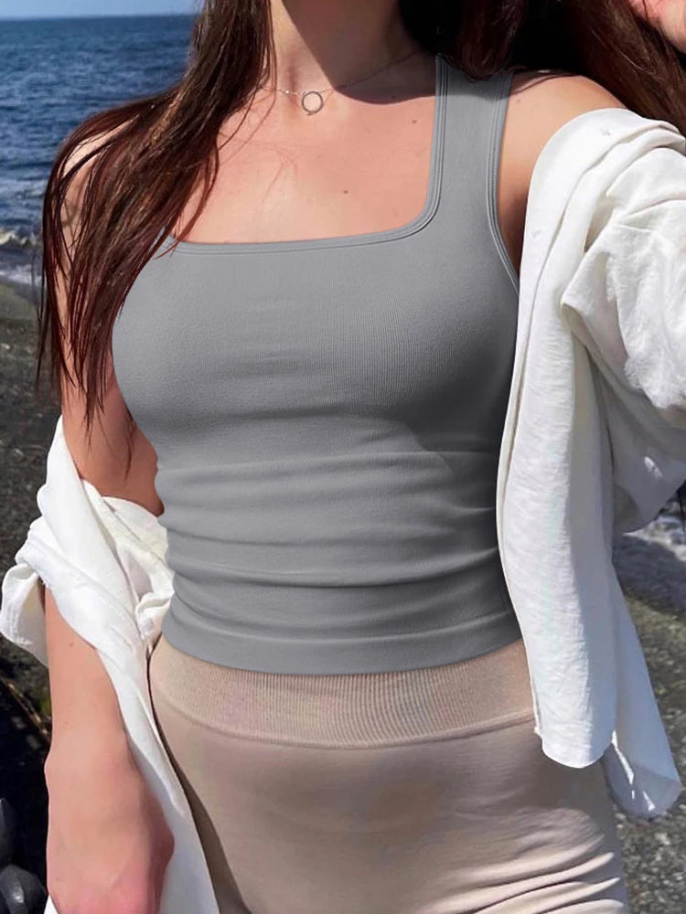 Women U Neck Ribbed Tank Top Summer Basic Elastic Solid Color Top Sexy Sleeveless Casual Sports Yoga Women's Vest