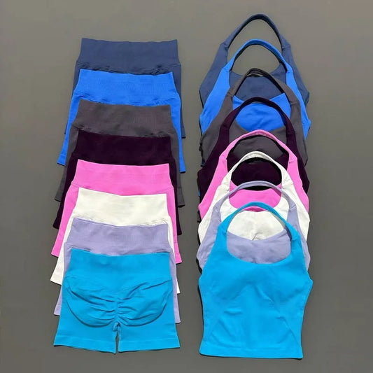 2 Pieces Shorts Yoga Set Women Backless Halter Tops High Waist Seamless Shorts Gym Suit Fitness Sportswear Workout Sets