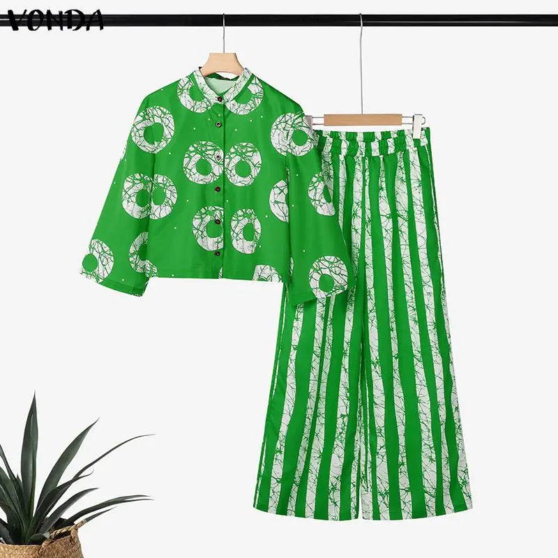 5XL VONDA Plus Size 2 Piece Outfits Autumn Women Bohemian 3/4 Sleeve Fashion Shirts Wide Leg Pants Print Vintage Pant Sets 2PCS