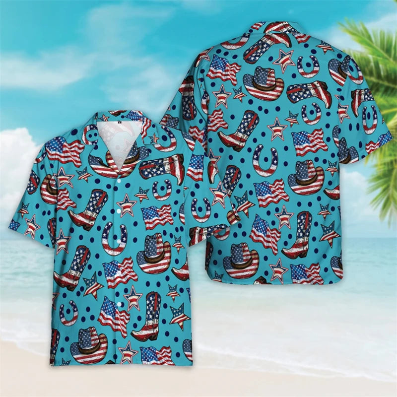 4th Of July Shirts For Men Clothes USA Flag Lapel Blouse Patriotic Hawaii Button Clothes  American Independence Day Short Sleeve