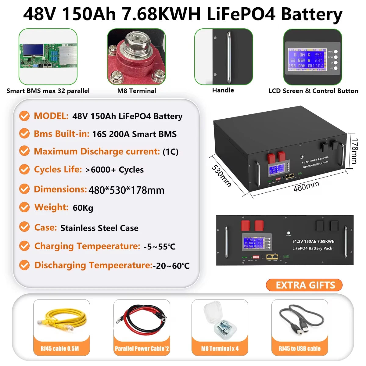 LiFePO4 48V 300AH 15Kwh Battery 51.2V 100AH 150AH 200AH Lithium Solar Home Battery 6000+ Cycles For Home Energy Storage EU Stock