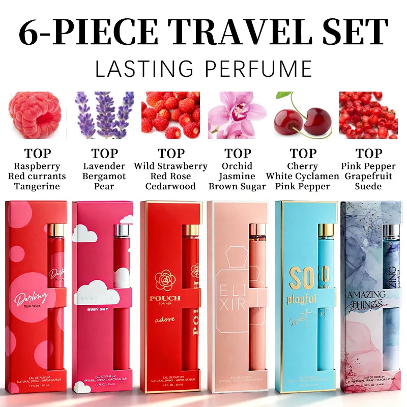 6-piece travel set, men's and women's eau de toilette spray, long-lasting fragrance, 6 different flavors, perfect for holiday gi