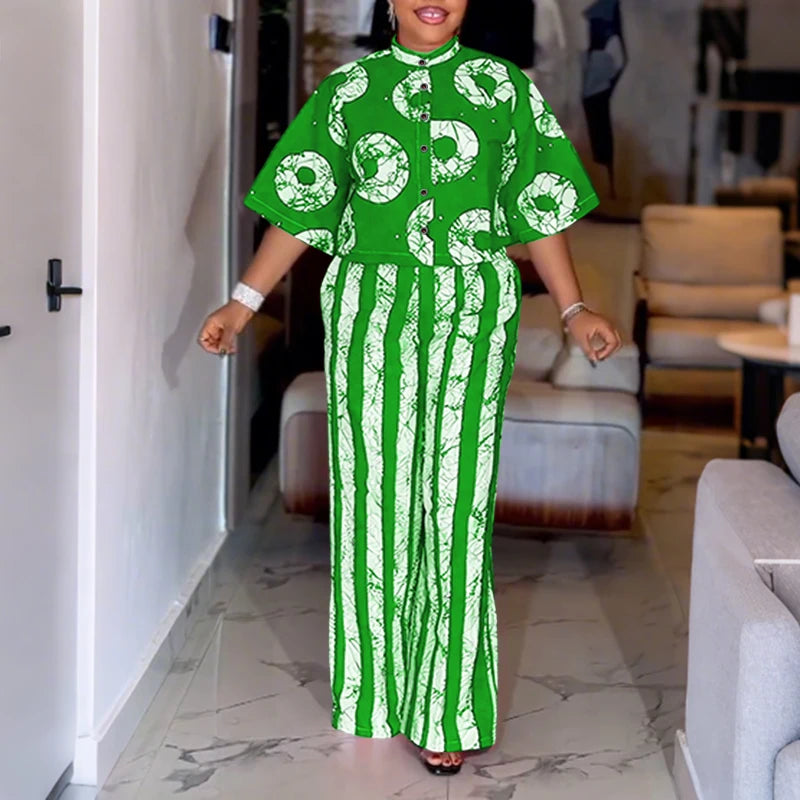 5XL VONDA Plus Size 2 Piece Outfits Autumn Women Bohemian 3/4 Sleeve Fashion Shirts Wide Leg Pants Print Vintage Pant Sets 2PCS