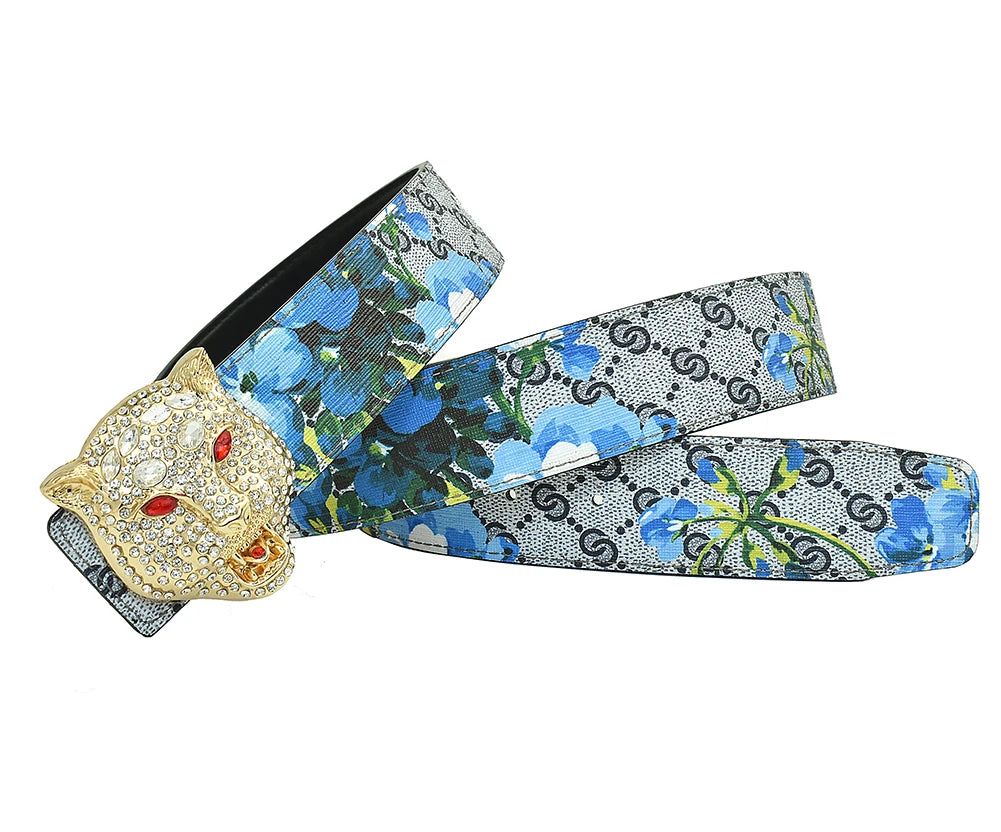 Western Tiger Print Leather Tiger Rhinestone Dragons Snake Alloy Buckle Jeans Causal Pants Men Belt