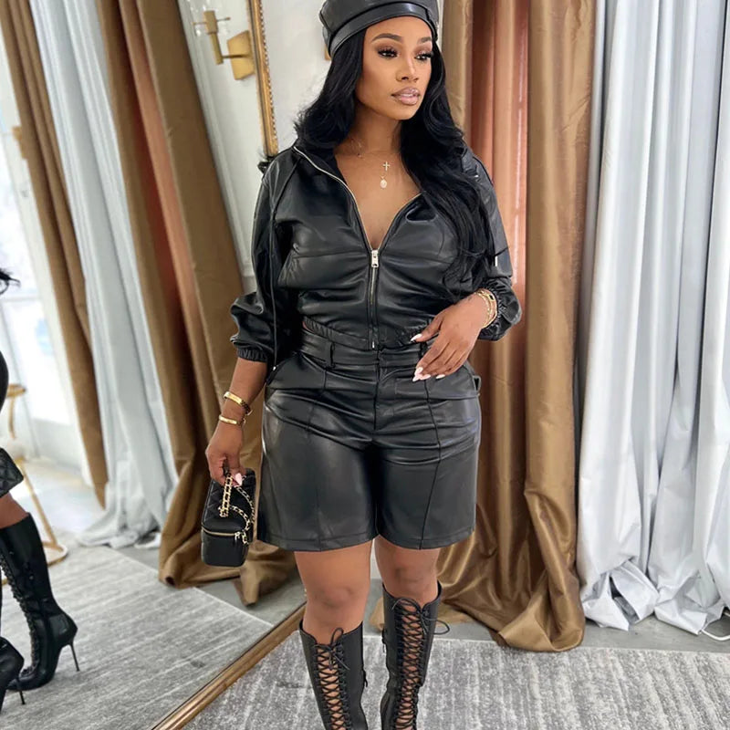Doyerl PU Faux Leather 2 Pieces Set for Woman Motorcycle Long Sleeve Zip Hooded Cropped Jacket and Shorts Matching Sets Outfits
