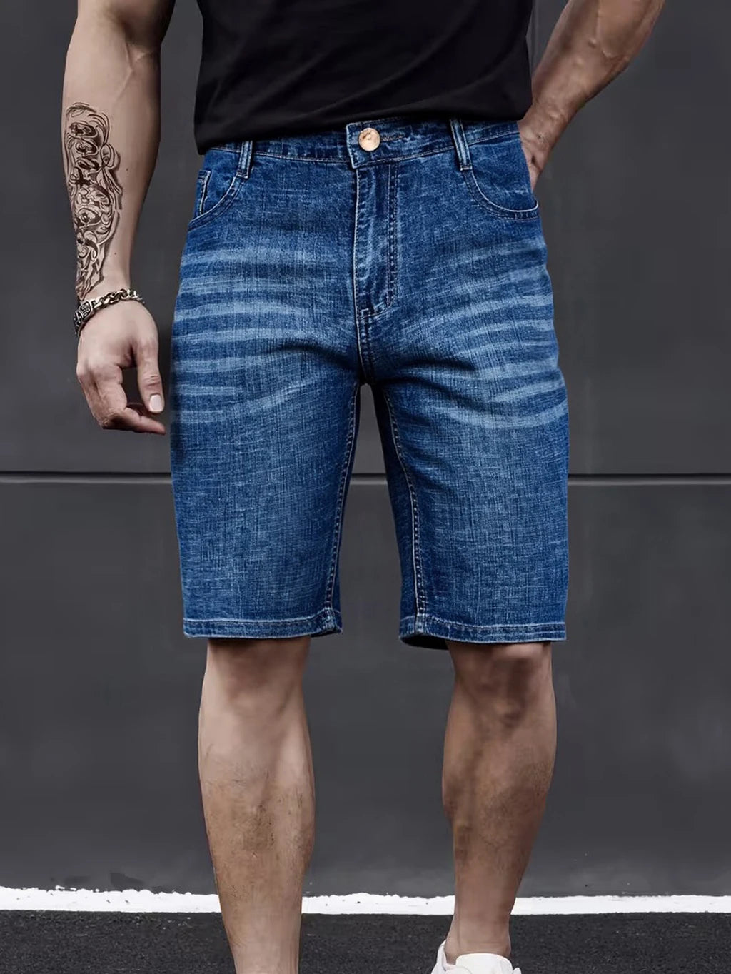 Wthinlee New Business Men's Jeans Casual Straight Stretch Fashion Classic Blue Black Men's Summer Denim Shorts Knee-Length