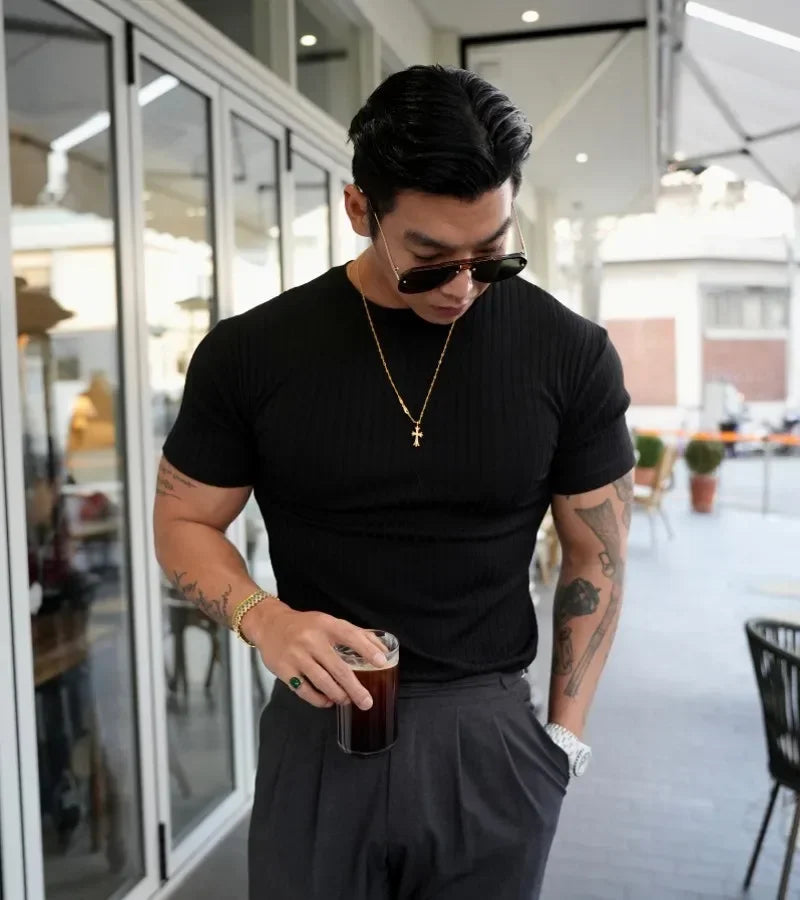 2025 new Fashion Fitness Training T-shirt Men's Summer Sports Leisure Round Neck Elastic Short Sleeve Vertical Stripe T-shirt