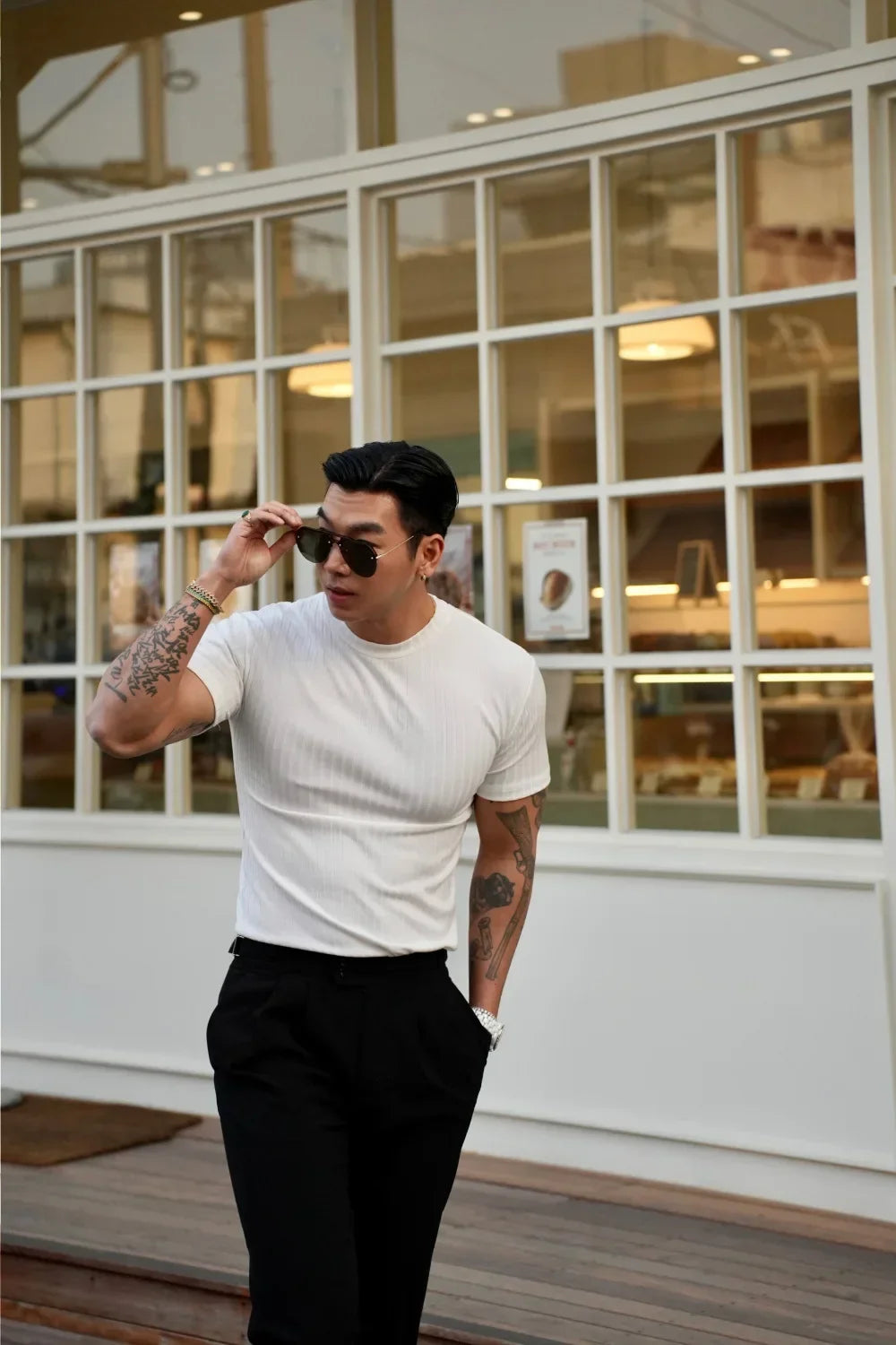2025 new Fashion Fitness Training T-shirt Men's Summer Sports Leisure Round Neck Elastic Short Sleeve Vertical Stripe T-shirt