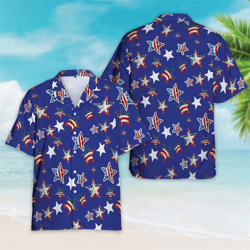 4th Of July Shirts For Men Clothes USA Flag Lapel Blouse Patriotic Hawaii Button Clothes  American Independence Day Short Sleeve