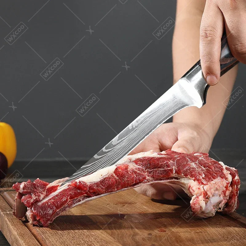 WXCOO Chef Knife Japanese Kitchen Knives Set Professional Laser Damascus Pattern Stainless Steel Meat Cleaver Slicer Knife