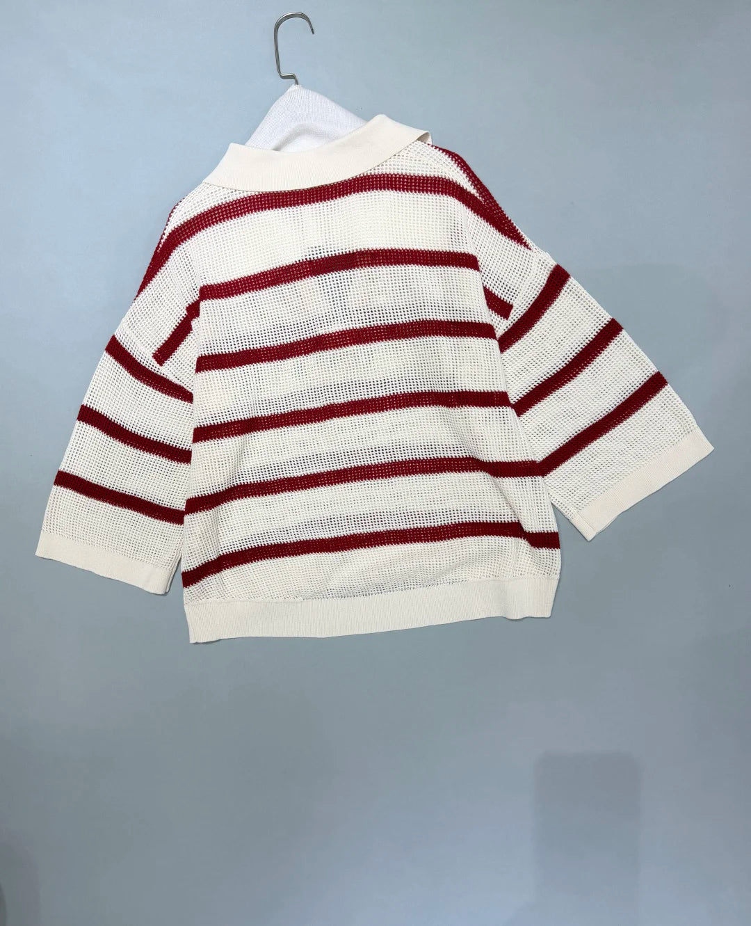 2026 Summer Women's Casual Striped Two-Piece Knit Set — Loose-Fit, Versatile Outfit featuring a Collared, Open-Work Design