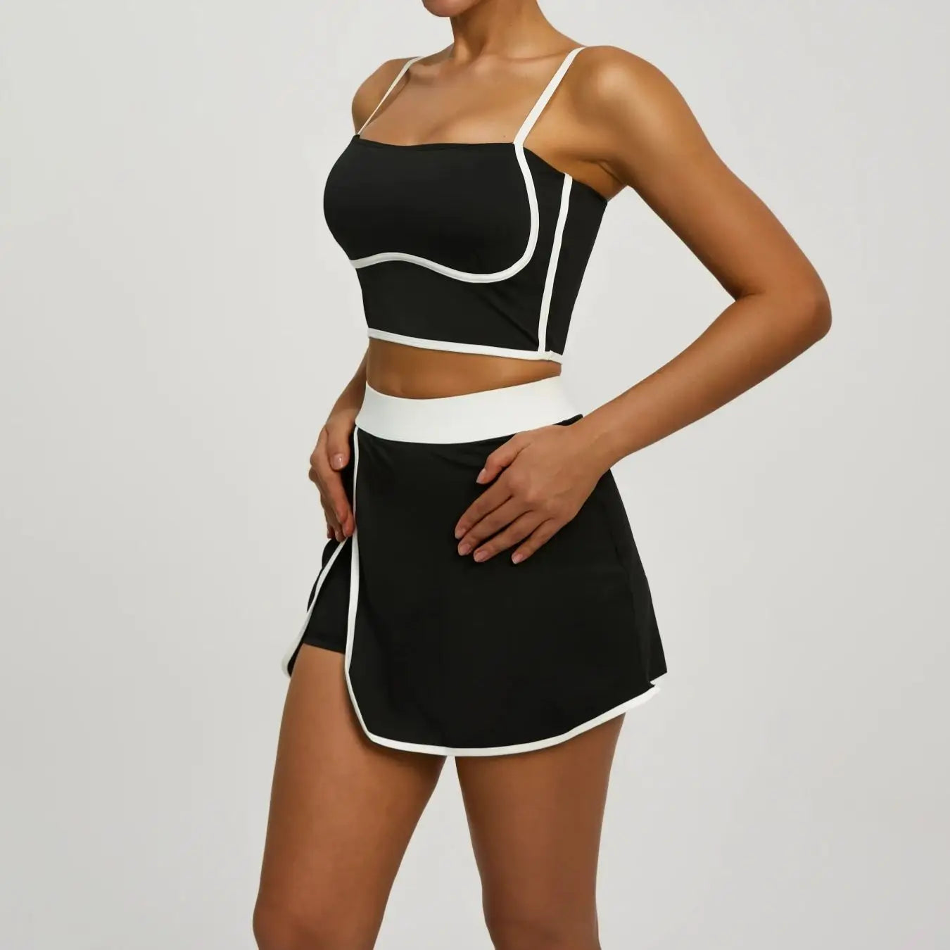 Women's Athletic Set: Padded Crop Top (Built - in Bra) & Skort with Hidden Side Pockets, Moisture - Wicking Fabric for Tennis, G