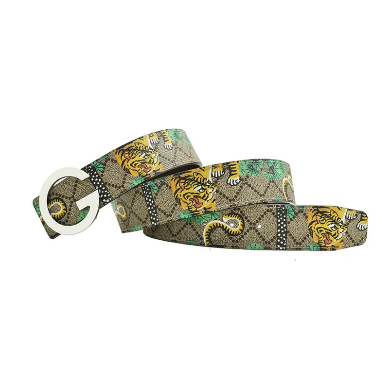 Western Tiger Print Leather Tiger Rhinestone Dragons Snake Alloy Buckle Jeans Causal Pants Men Belt