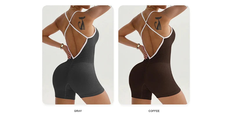 Summer Seamless Yoga Jumpsuit Women Gym Set Spaghetti Strap Leisure Workout Gym Shorts Padded Bra One-piece Fitness Bodysuits