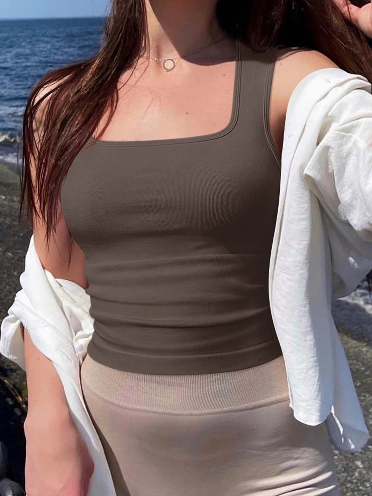 Women U Neck Ribbed Tank Top Summer Basic Elastic Solid Color Top Sexy Sleeveless Casual Sports Yoga Women's Vest
