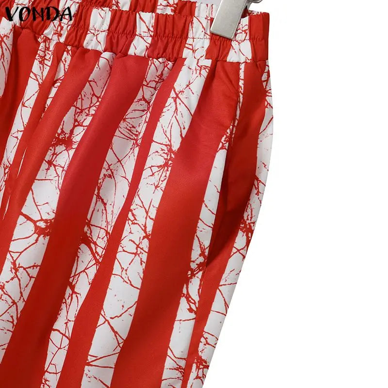 5XL VONDA Plus Size 2 Piece Outfits Autumn Women Bohemian 3/4 Sleeve Fashion Shirts Wide Leg Pants Print Vintage Pant Sets 2PCS