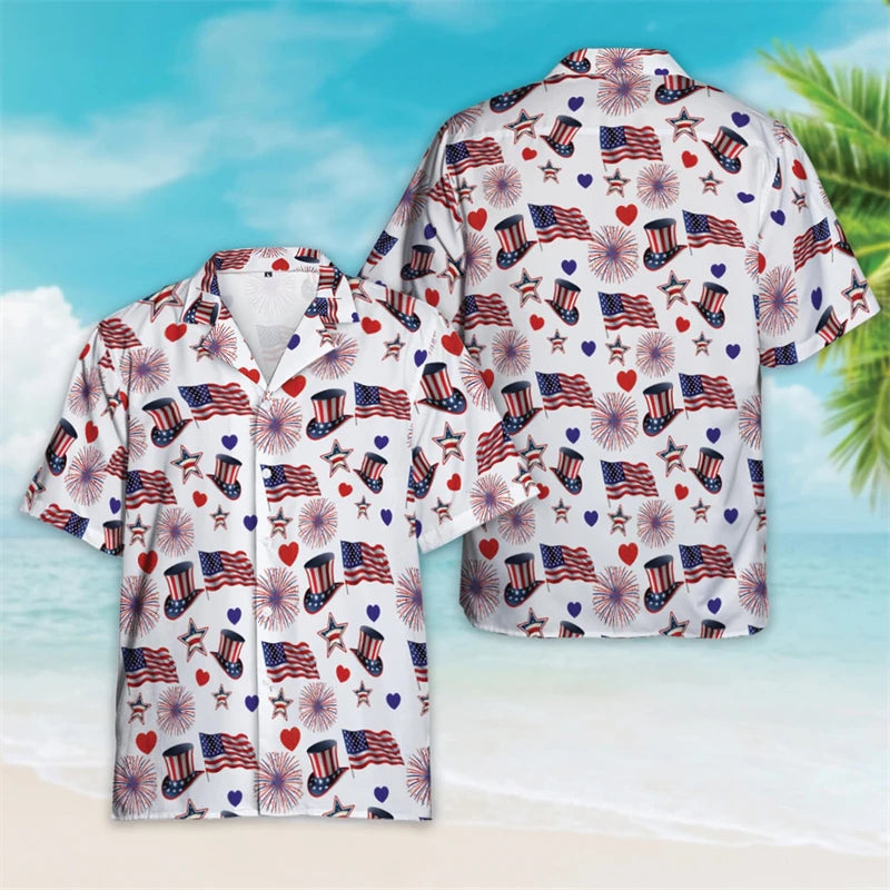 4th Of July Shirts For Men Clothes USA Flag Lapel Blouse Patriotic Hawaii Button Clothes  American Independence Day Short Sleeve