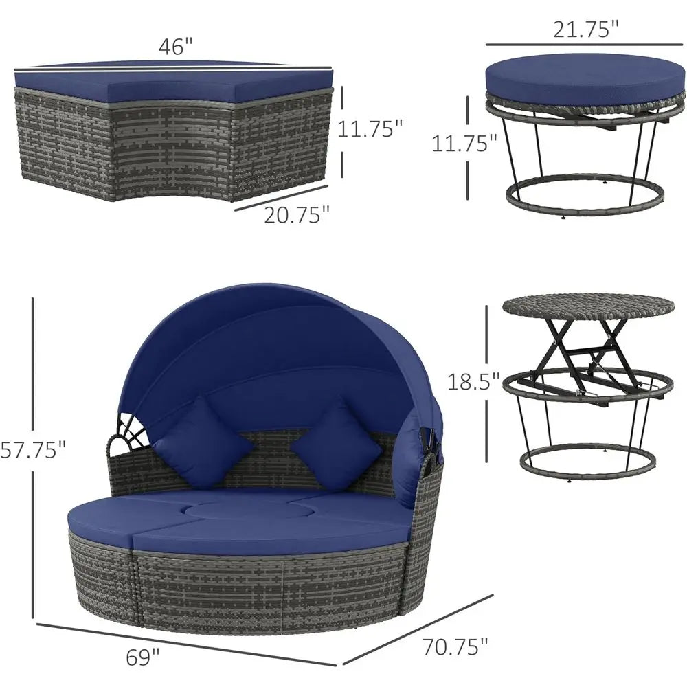 Round Rattan Daybed Patio Furniture Set, 4-Piece Outdoor Sectional Sofa with Adjustable Sunshade, Extending Table, 2 Chairs, Ott