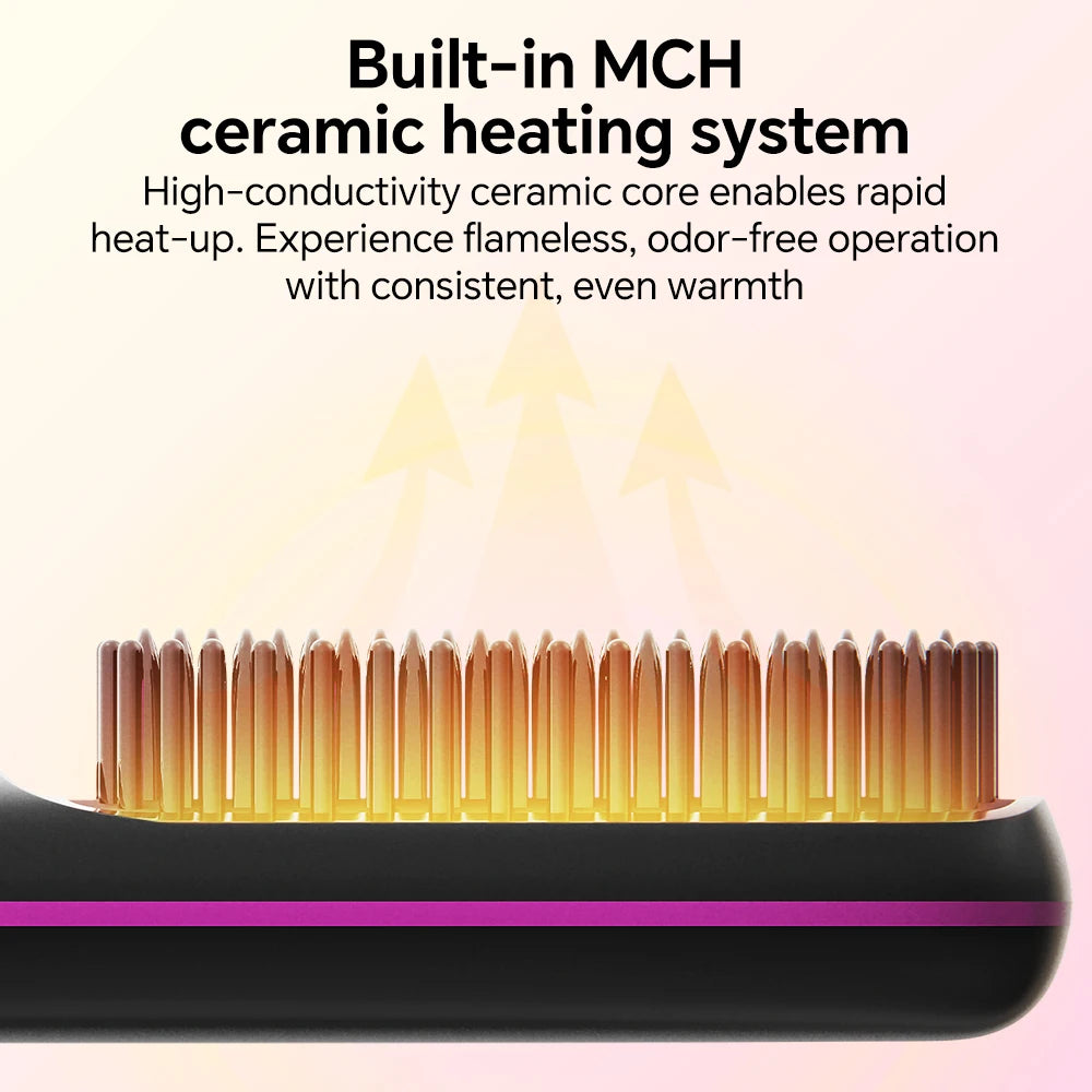 Hair Straightener Brush with 3 Temp Settings, Fast Heating & Auto-off, Portable Rechargeable Ionic Straightening Comb for Women