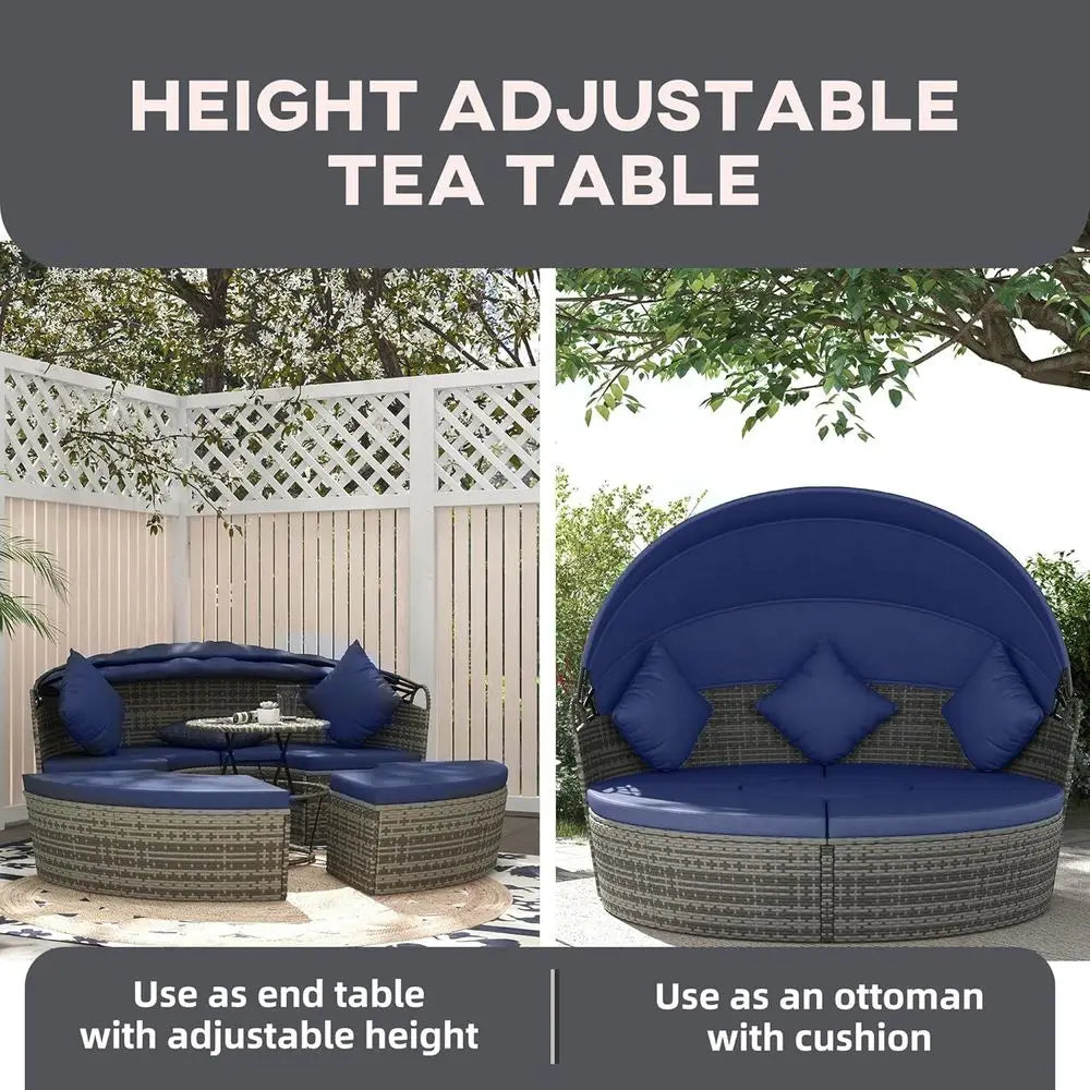 Round Rattan Daybed Patio Furniture Set, 4-Piece Outdoor Sectional Sofa with Adjustable Sunshade, Extending Table, 2 Chairs, Ott